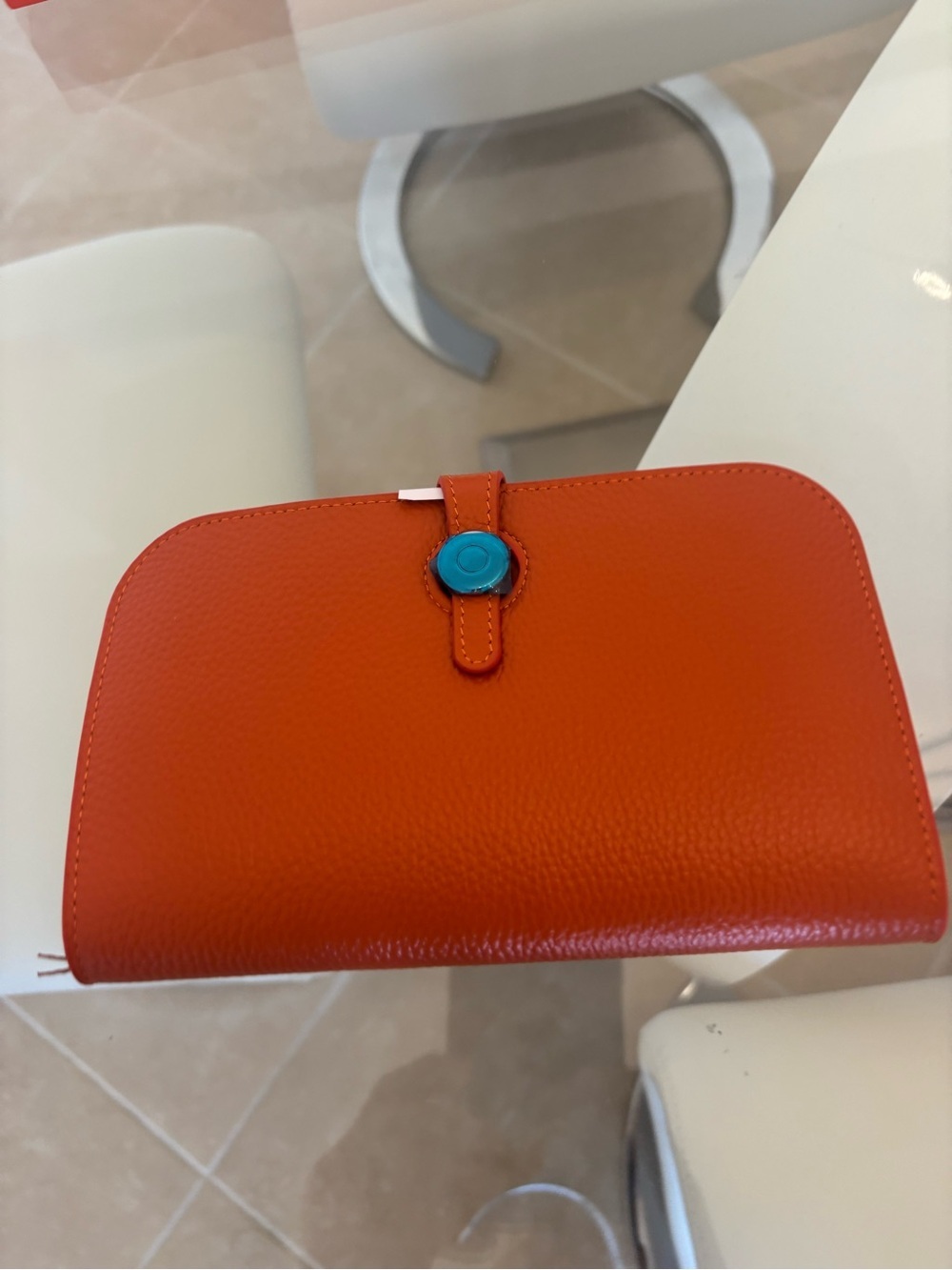 Orange Leather Women's Wallet with Turquoise Button